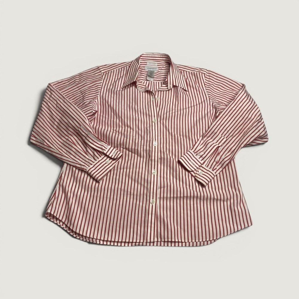 Liz Claiborne Lizsport Petite Red White Striped Non-Iron Button Down Shirt 10P
